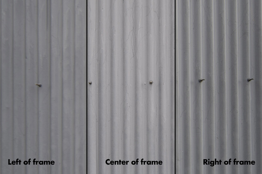 Three vertical sections of corrugated metal sheeting showing different lighting conditions from left to right.
