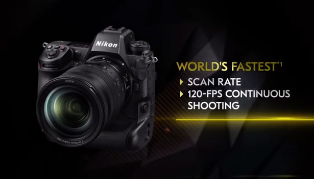 Nikon Z9 mirrorless camera with attached lens against dark background.