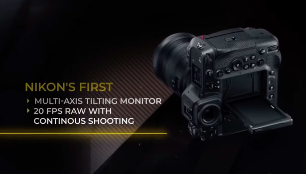 Professional video camera with articulating monitor displayed against dark background with technical specifications.