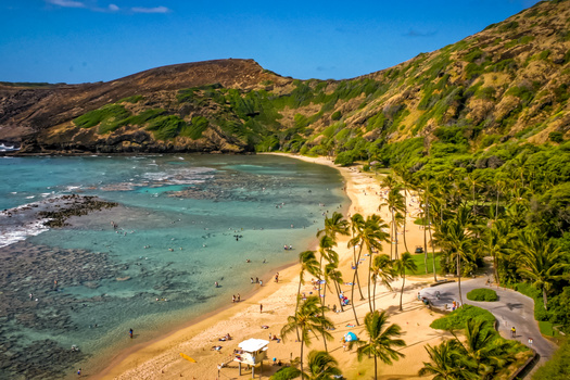 Aerial view of a crescent beach with turquoise water, palm trees, and green volcanic hillsides.