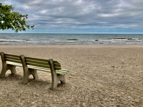 Weathered wooden bench on sandy beach facing calm ocean under cloudy sky.