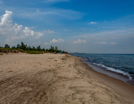 Expansive sandy beach stretching along calm blue ocean under partly cloudy sky.