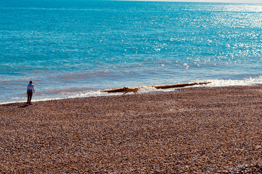 Solitary figure in wetsuit standing at the waterline on a pebble beach with turquoise ocean and white-capped waves.