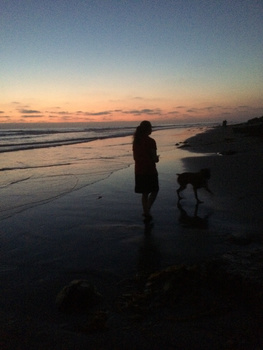 Silhouetted figure and dog walking along a beach at sunset with calm waters and golden sky.