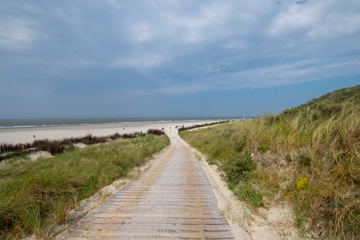 Wooden boardwalk stretching toward a distant beach under a partly cloudy sky, flanked by dune grasses.
