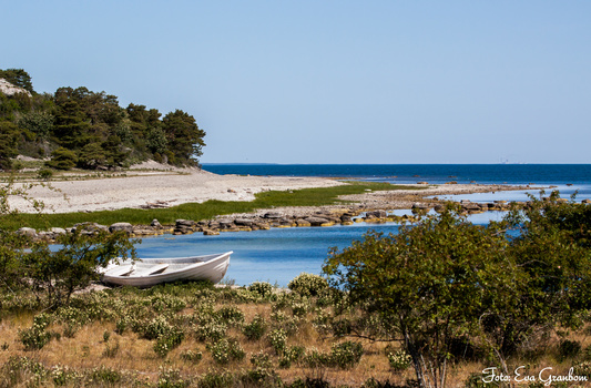 White fishing boat moored in a sheltered blue cove surrounded by rocky shoreline and Mediterranean vegetation.