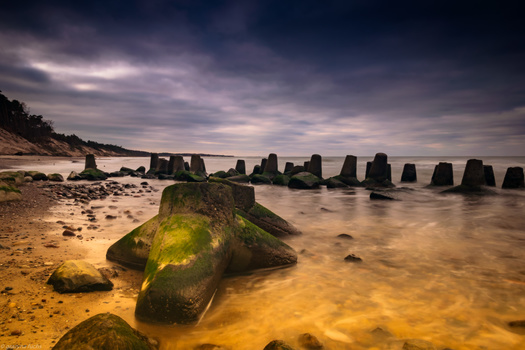 Weathered wooden posts emerging from shallow water on a sandy beach at dusk.