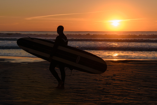 Silhouetted surfer holding surfboard on beach at golden hour sunset.