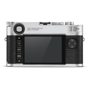 Rear view of a silver and black rangefinder camera with LCD screen and control buttons.