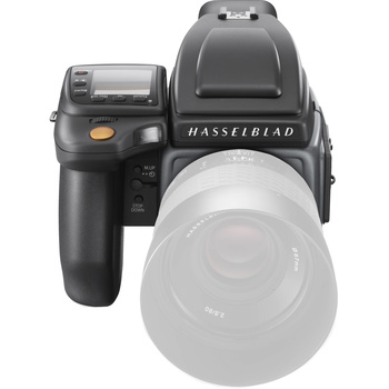 Hasselblad medium format camera body with detached flash unit shown against white background.