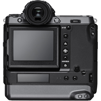 Mirrorless camera body shown from back and top view with articulating LCD screen and control buttons visible.