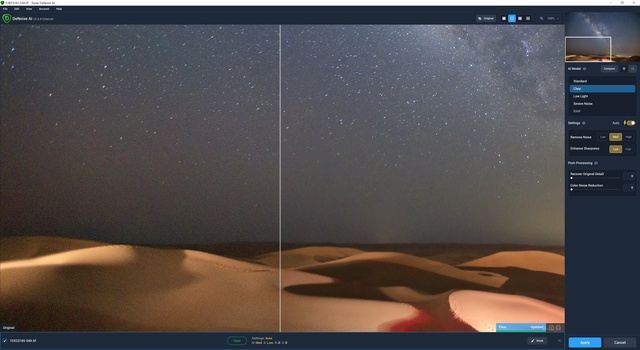 Screenshot of photo editing software showing a desert landscape with starry sky split between original and edited versions.