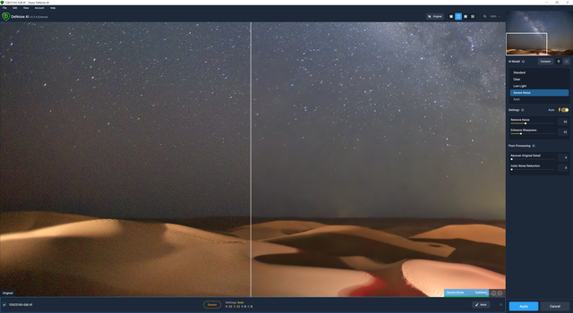 Screenshot of photo editing software showing a split-screen comparison of a desert landscape with starry sky.