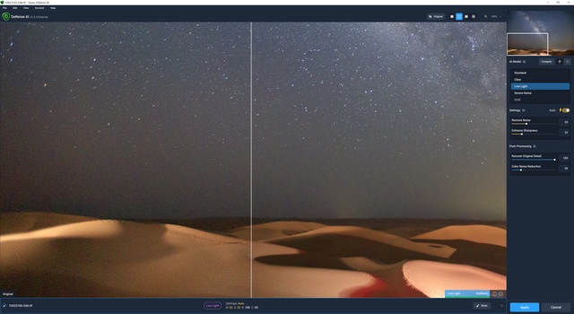 Screenshot of photo editing software showing a split-screen comparison of a desert landscape with starry night sky.