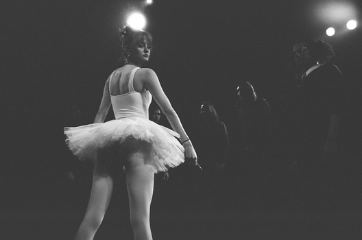 Ballet dancer in tutu viewed from behind under stage lighting during performance.