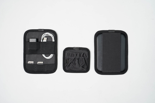 Three black organizer pouches of varying sizes arranged in a row against a light gray background.