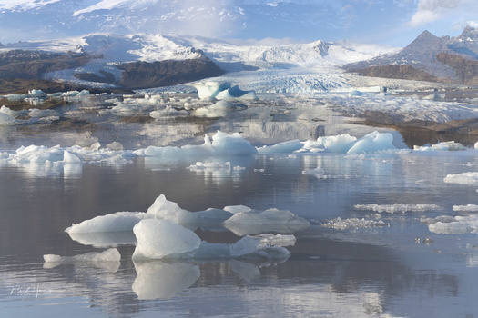 Icebergs floating in glacial meltwater with snow-covered mountains and a glacier in the background.
