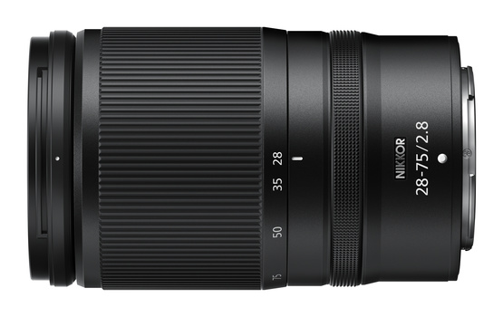 Nikon 28-75mm f/2.8 telephoto zoom lens shown from the side against a white background.