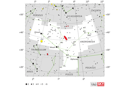 Star chart showing constellations including Perseus, Cassiopeia, Andromeda, and Pegasus with magnitude scale legend.