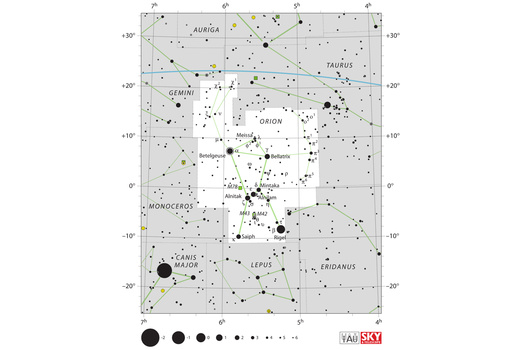 Star map showing constellations Orion, Taurus, Gemini, Auriga, Canis Major, Lepus, and Eridanus with varying star magnitudes.