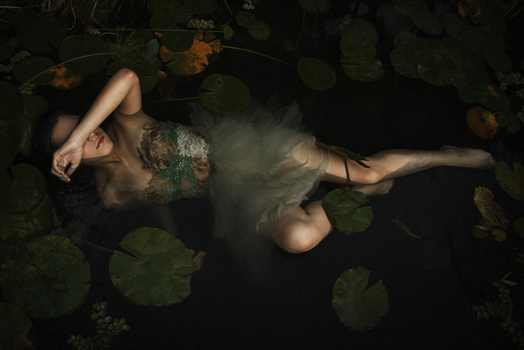 Woman floating face-up in dark water surrounded by lily pads, with dramatic side lighting creating ethereal atmosphere.
