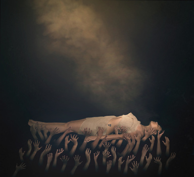 Surreal composite showing a human torso emerging from a landscape of reaching hands against a dark sky.