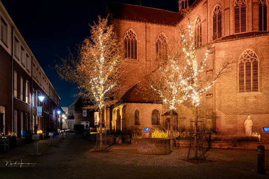 Historic brick church illuminated at night with glowing trees in foreground during holiday season.