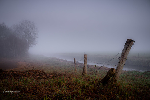 Weathered wooden fence post leaning in misty countryside landscape with bare trees.