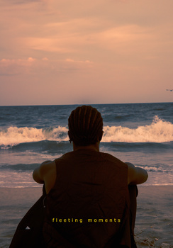 Person sitting on beach facing ocean waves at sunset with warm peachy sky.