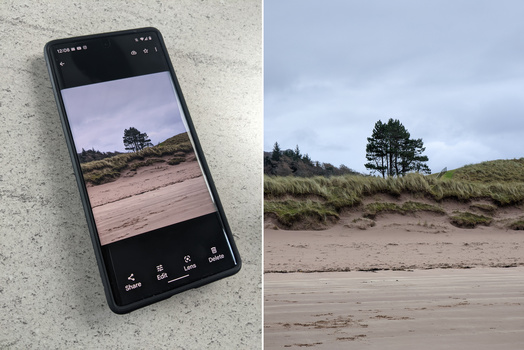 Smartphone displaying a beach landscape photo next to the full-size scene of sand dunes with grass and pine trees.