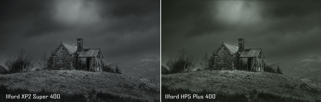 Side-by-side comparison of abandoned stone cottage shot on Ilford XP2 Super 400 and Ilford HP5 Plus 400 film.
