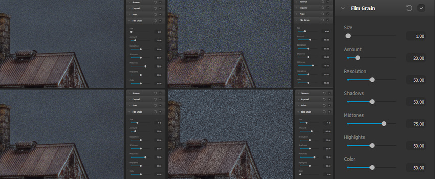 Screenshot of film grain editing interface showing before-and-after comparison of a roofed structure with adjustment sliders.