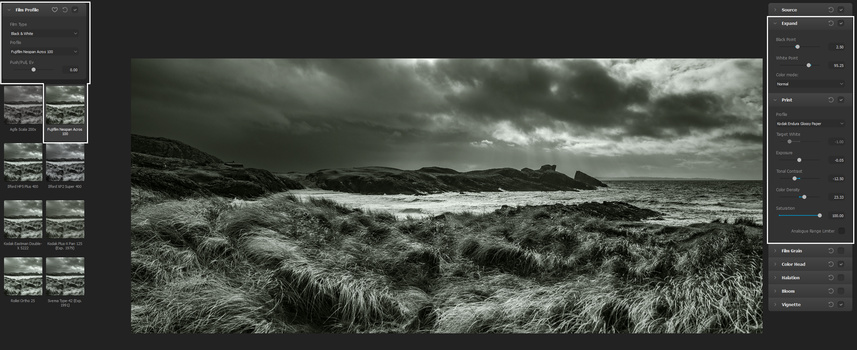 Dramatic black and white coastal landscape with windswept grass, stormy sky, and rocky headland beyond breaking waves.