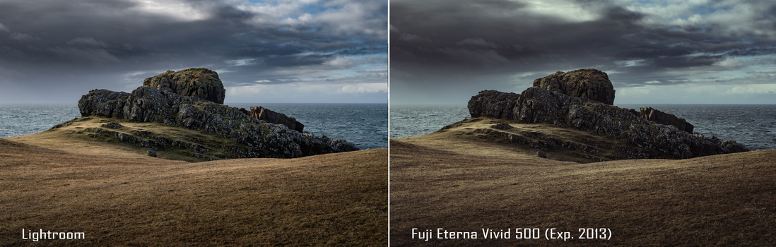 Rocky coastal outcrop with golden grass under dramatic cloudy sky, comparing Lightroom and Fuji Eterna Vivid 500 processing.