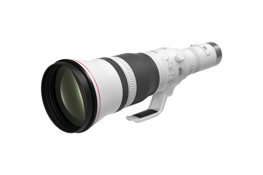 White telephoto lens with black barrel and front element against white background.