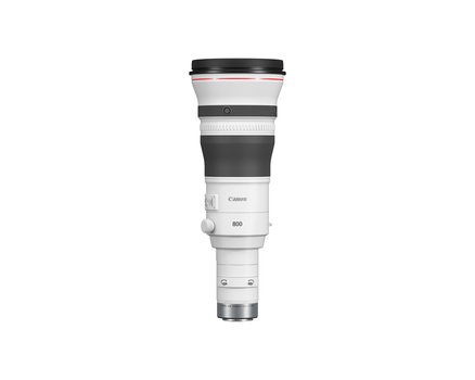 Canon RF 800mm telephoto lens with white barrel and dark grip sections on neutral background.