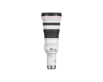 White telephoto lens with black and gray accents and grip bands, shown against a white background.