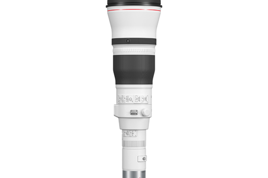 White and black telephoto lens with multiple barrel sections and a tripod collar, shown vertically against a white background.