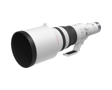 White telephoto lens with black focus ring and barrel, shown against white background.