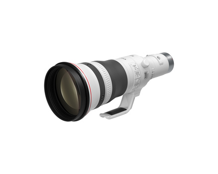 White and gray telephoto lens with black front element and control rings, shown against white background.