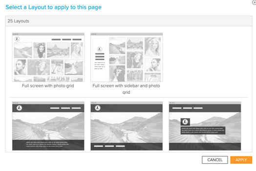 Screenshot of a layout selection interface showing 25 template options for page design.