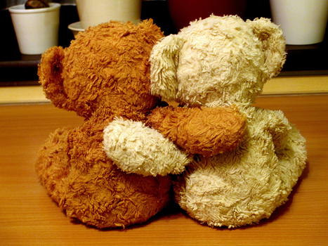Two plush teddy bears sitting back-to-back on a wooden surface, one brown and one cream-colored.