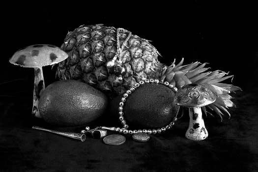 Still life arrangement with pineapple, spheres, mushrooms, beads, and small objects against black background.