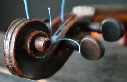 Close-up of a violin scroll with fine tuning pegs and blue strings against blurred stringed instruments in background.