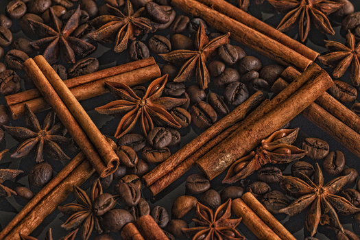 Cinnamon sticks and star anise arranged with coffee beans on a dark surface.
