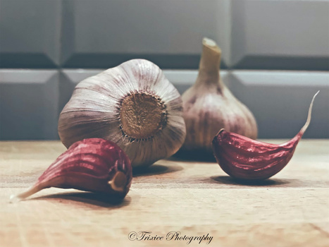Garlic bulb and red chili peppers arranged on a wooden surface with neutral background.