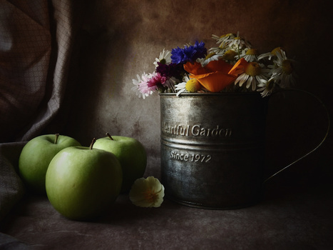 Still life with green apples, a vintage metal container holding colorful flowers, and draped fabric against a muted brown background.