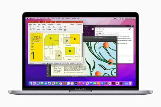 Screenshot of MacBook Pro displaying multiple design applications with yellow architectural layouts and colorful floral artwork.