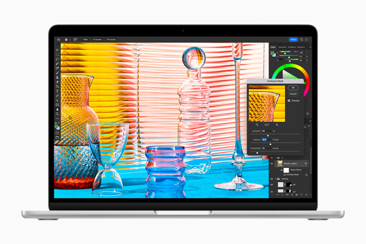 Screenshot of Photoshop displaying a vibrant still-life composition with colorful objects and selective color adjustments in the layers panel.