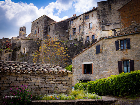 Ancient stone fortress with ivy-covered walls and weathered medieval architecture under blue sky with clouds.